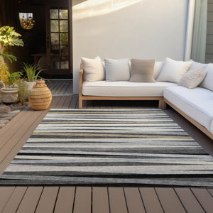 Homeroots 3' Black Brown And Ivory Striped Washable Area Rug - Durable, Versatile Design For Indoor Or Outdoor Use 10' X 14' Polyester 597330