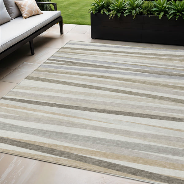 Homeroots 3' Black Brown And Ivory Striped Washable Area Rug - Durable, Versatile Design For Indoor Or Outdoor Use 5' X 8' Polyester 597332