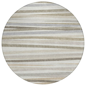 HomeRoots 5' Striped Indoor Outdoor Area Rug - Durable Ivory and Gray Design for High-Traffic Spaces 8' Round 597333