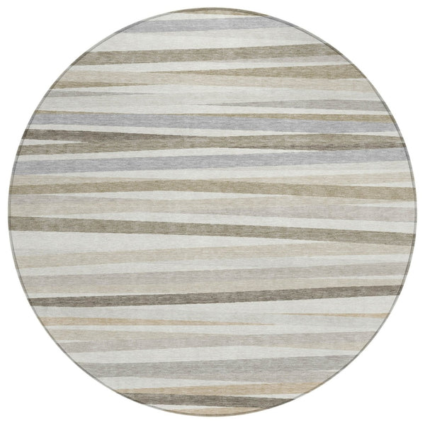 HomeRoots 5' Striped Indoor Outdoor Area Rug - Durable Ivory and Gray Design for High-Traffic Spaces 8' Round 597333