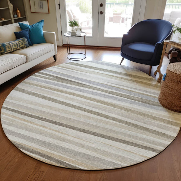 Homeroots 3' Black Brown And Ivory Striped Washable Area Rug - Durable, Versatile Design For Indoor Or Outdoor Use 8' Round Polyester 597333