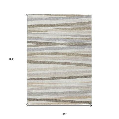 Homeroots 3' Black Brown And Ivory Striped Washable Area Rug - Durable, Versatile Design For Indoor Or Outdoor Use 10' X 14' Polyester 597336