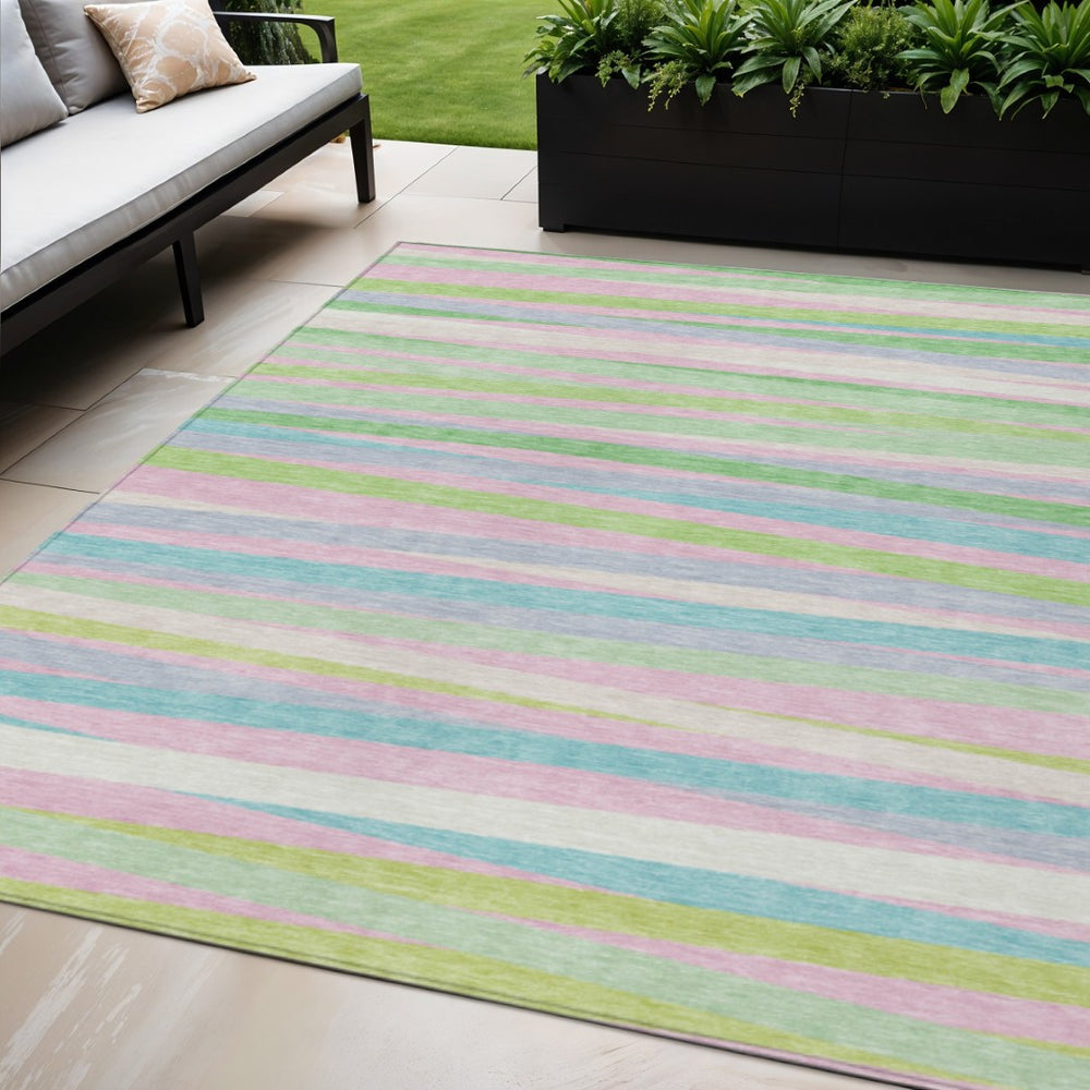 HomeRoots 5' Striped Washable Area Rug in Mint Green, Pink, and Blue for Indoor & Outdoor Spaces 5' X 8' 597338