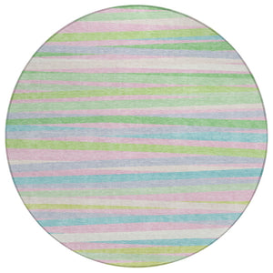 HomeRoots 5' Striped Washable Area Rug in Mint Green, Pink, and Blue for Indoor & Outdoor Spaces 8' Round 597339