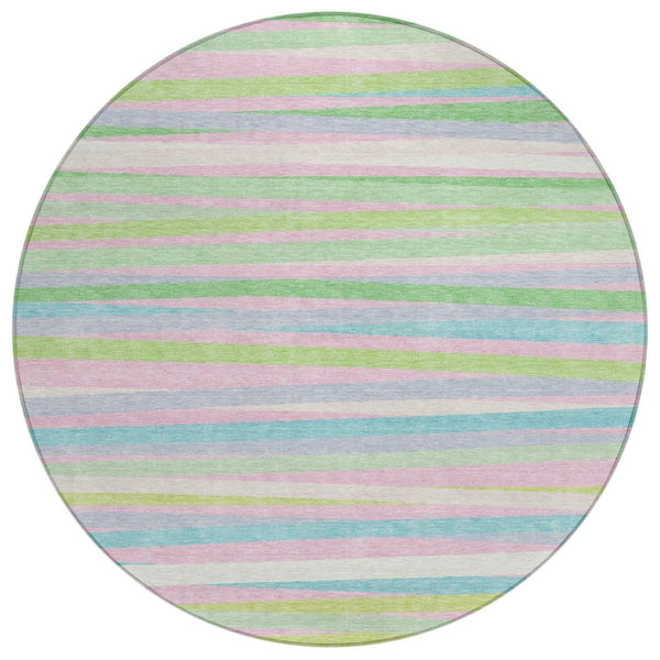 HomeRoots 5' Striped Washable Area Rug in Mint Green, Pink, and Blue for Indoor & Outdoor Spaces 8' Round 597339