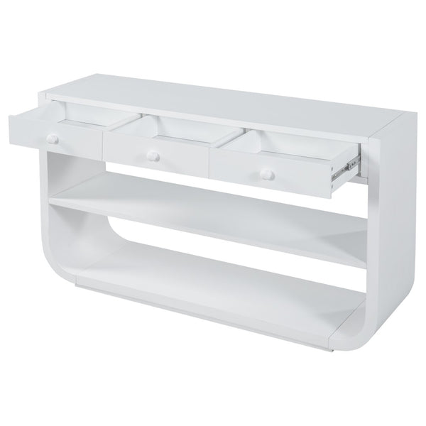 English Elm [video] Sculptural Console Table Pine Wood Curved Legs Soft-close Drawers Open Shelving Entryway White N759P433560K