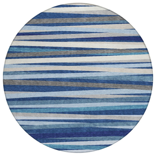 HomeRoots 5' Striped Washable Indoor Outdoor Area Rug - Durable Coastal Charm in Navy, Ivory & Gray Hues 8' Round 597345