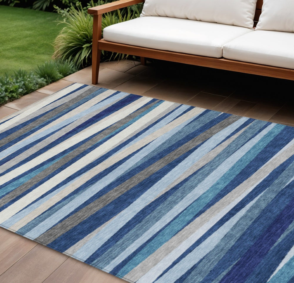 HomeRoots 9' Navy Blue Striped Area Rug – Durable Washable Design for Indoor & Outdoor Spaces, Easy Care! 597347