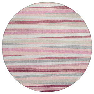 HomeRoots 5' Versatile Pink Ivory and Gray Striped Washable Area Rug for Indoor and Outdoor Spaces, Durable Style 8' Round 597351