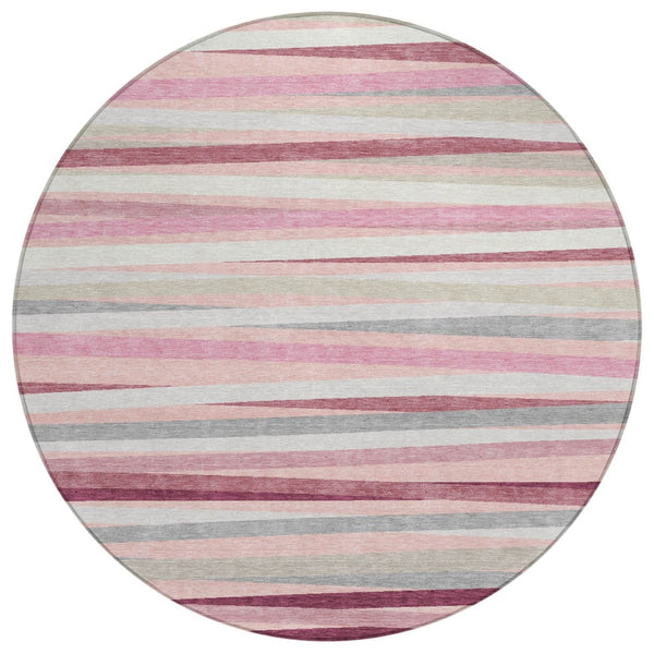 HomeRoots 5' Versatile Pink Ivory and Gray Striped Washable Area Rug for Indoor and Outdoor Spaces, Durable Style 8' Round 597351