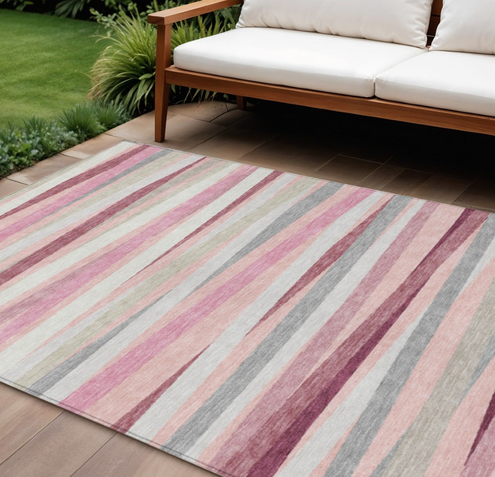 HomeRoots 5' Versatile Pink Ivory and Gray Striped Washable Area Rug for Indoor and Outdoor Spaces, Durable Style 8' X 10' 597352