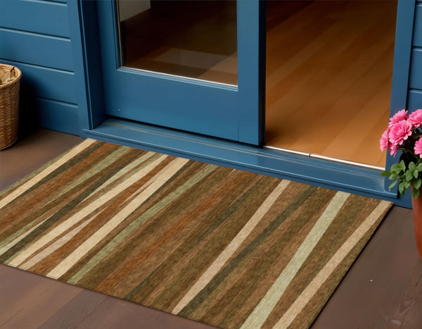 Homeroots 3' Black Brown And Ivory Striped Washable Area Rug - Durable, Versatile Design For Indoor Or Outdoor Use 3' X 5' Polyester 597355