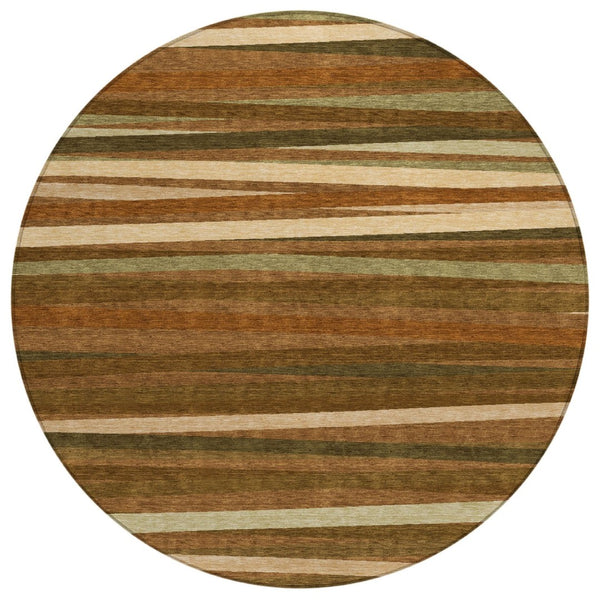 HomeRoots 5' Stylish Brown Copper and Beige Striped Washable Area Rug for Indoor and Outdoor Use 8' Round 597357