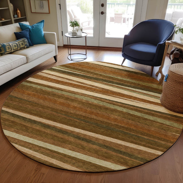 Homeroots 3' Black Brown And Ivory Striped Washable Area Rug - Durable, Versatile Design For Indoor Or Outdoor Use 8' Round Polyester 597357