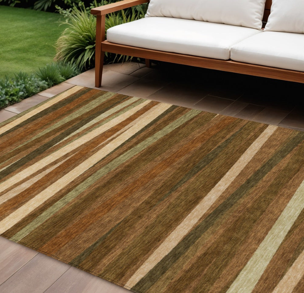 HomeRoots 5' Stylish Brown Copper and Beige Striped Washable Area Rug for Indoor and Outdoor Use 10' X 14' 597360