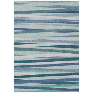 HomeRoots 5' Striped Washable Area Rug in Teal Blue Gray Ivory - Durable for Indoor & Outdoor Living Spaces 5' X 8' 597362