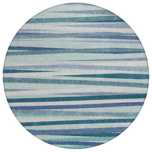 HomeRoots 5' Striped Washable Area Rug in Teal Blue Gray Ivory - Durable for Indoor & Outdoor Living Spaces 8' Round 597363
