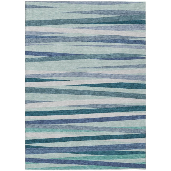 HomeRoots 5' Striped Washable Area Rug in Teal Blue Gray Ivory - Durable for Indoor & Outdoor Living Spaces 8' X 10' 597364