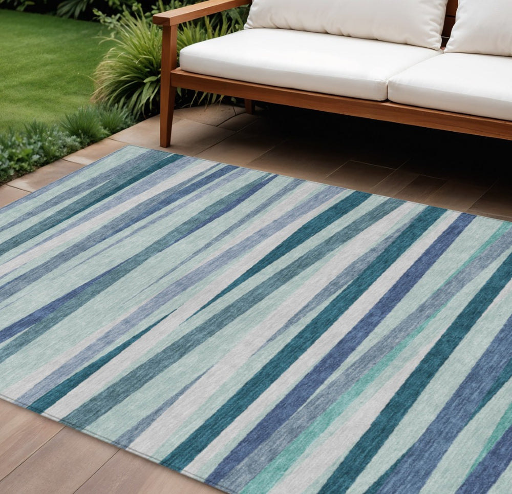 HomeRoots 9' X 12' Teal Blue Gray Ivory Striped Area Rug - Durable, Washable, Stylish for Indoor & Outdoor Use 597365
