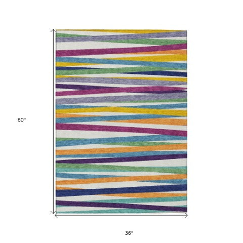 Homeroots 3' Black Brown And Ivory Striped Washable Area Rug - Durable, Versatile Design For Indoor Or Outdoor Use 3' X 5' Polyester 597367