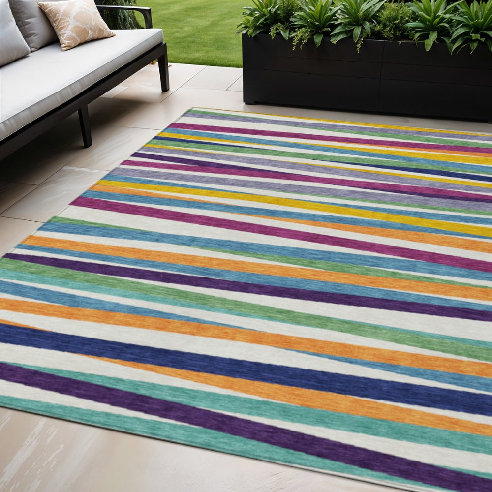 HomeRoots 5' Stylish Blue Green Copper Striped Washable Area Rug for Indoor and Outdoor Versatile Spaces 5' X 8' 597368