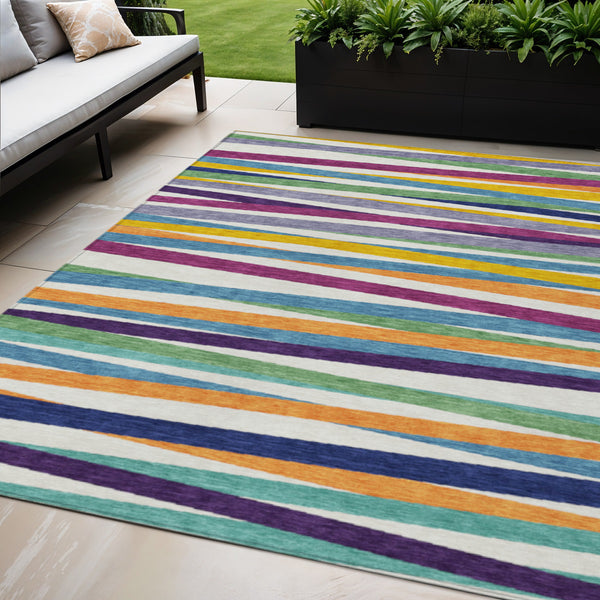 Homeroots 3' Black Brown And Ivory Striped Washable Area Rug - Durable, Versatile Design For Indoor Or Outdoor Use 5' X 8' Polyester 597368