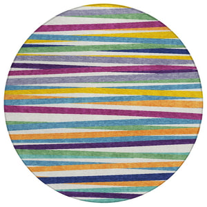 HomeRoots 5' Stylish Blue Green Copper Striped Washable Area Rug for Indoor and Outdoor Versatile Spaces 8' Round 597369