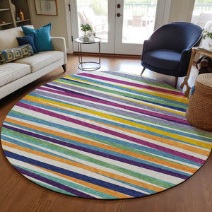 Homeroots 3' Black Brown And Ivory Striped Washable Area Rug - Durable, Versatile Design For Indoor Or Outdoor Use 8' Round Polyester 597369