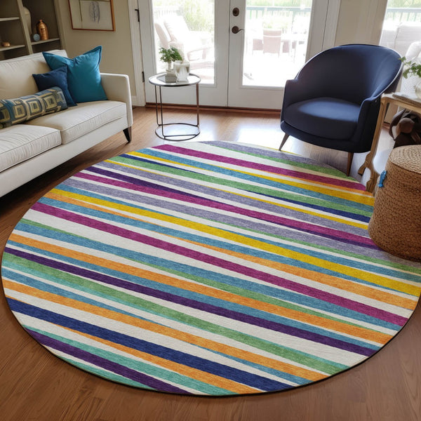 Homeroots 3' Black Brown And Ivory Striped Washable Area Rug - Durable, Versatile Design For Indoor Or Outdoor Use 8' Round Polyester 597369