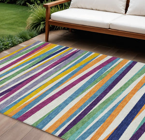 HomeRoots 5' Stylish Blue Green Copper Striped Washable Area Rug for Indoor and Outdoor Versatile Spaces 8' X 10' 597370