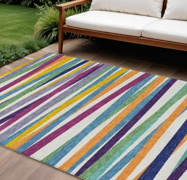 HomeRoots 5' Stylish Blue Green Copper Striped Washable Area Rug for Indoor and Outdoor Versatile Spaces 8' X 10' 597370