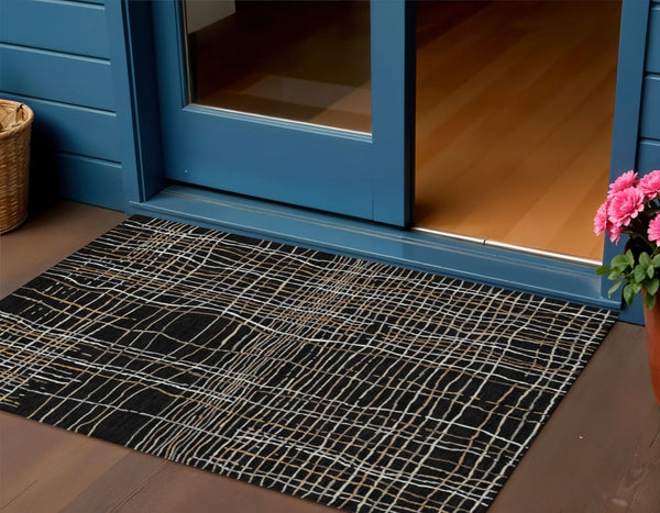 Homeroots 3' Black Ivory And Brown Striped Washable Area Rug For Indoor And Outdoor Spaces, Durable & Stylish 3' X 5' Polyester 597373