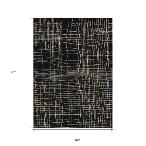 Homeroots 3' Black Ivory And Brown Striped Washable Area Rug For Indoor And Outdoor Spaces, Durable & Stylish 5' X 8' Polyester 597374