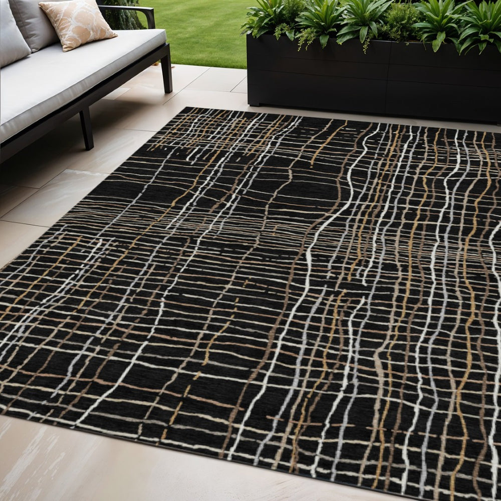 HomeRoots 5' Timeless Black Ivory and Brown Striped Washable Area Rug for Indoor and Outdoor Spaces 5' X 8' 597374