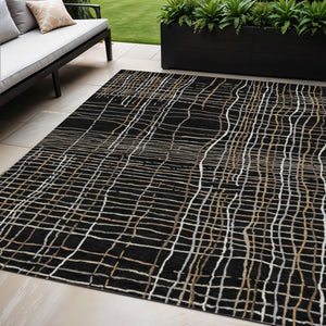 Homeroots 3' Black Ivory And Brown Striped Washable Area Rug For Indoor And Outdoor Spaces, Durable & Stylish 5' X 8' Polyester 597374