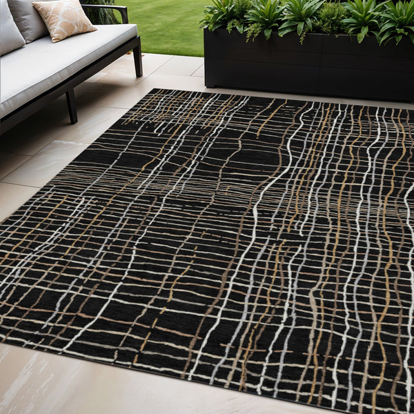 Homeroots 3' Black Ivory And Brown Striped Washable Area Rug For Indoor And Outdoor Spaces, Durable & Stylish 5' X 8' Polyester 597374