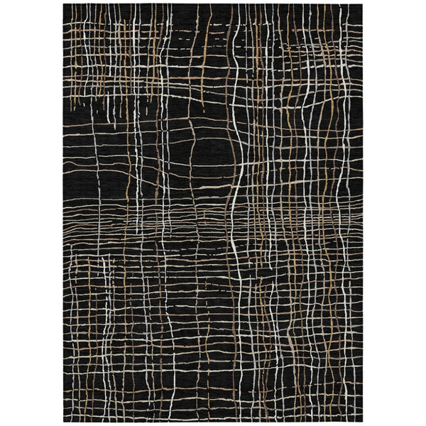 HomeRoots 5' Timeless Black Ivory and Brown Striped Washable Area Rug for Indoor and Outdoor Spaces 5' X 8' 597374
