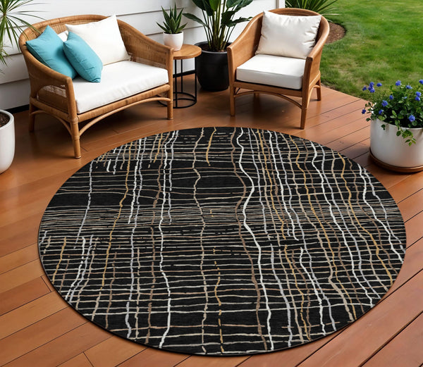 Homeroots 3' Black Ivory And Brown Striped Washable Area Rug For Indoor And Outdoor Spaces, Durable & Stylish 8' Round Polyester 597375