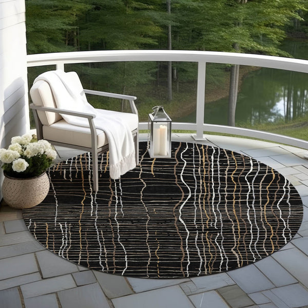 Homeroots 3' Black Ivory And Brown Striped Washable Area Rug For Indoor And Outdoor Spaces, Durable & Stylish 8' Round Polyester 597375