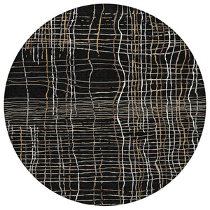 HomeRoots 5' Timeless Black Ivory and Brown Striped Washable Area Rug for Indoor and Outdoor Spaces 8' Round 597375