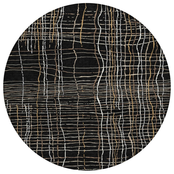 HomeRoots 5' Timeless Black Ivory and Brown Striped Washable Area Rug for Indoor and Outdoor Spaces 8' Round 597375