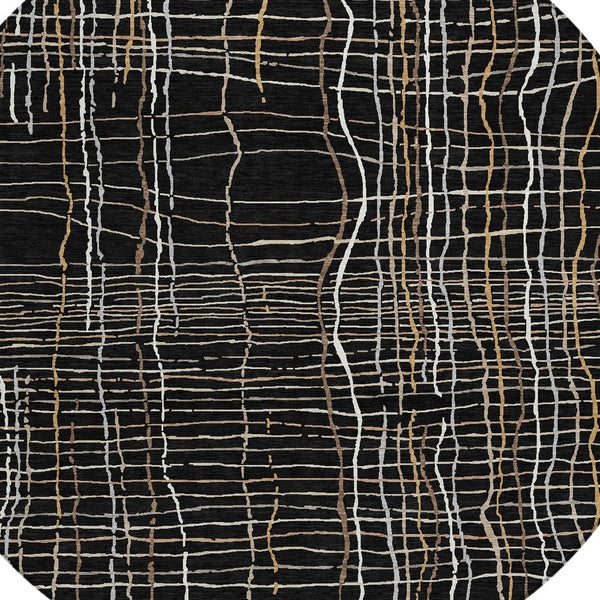 Homeroots 3' Black Ivory And Brown Striped Washable Area Rug For Indoor And Outdoor Spaces, Durable & Stylish 8' Round Polyester 597375