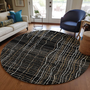 Homeroots 3' Black Ivory And Brown Striped Washable Area Rug For Indoor And Outdoor Spaces, Durable & Stylish 8' Round Polyester 597375