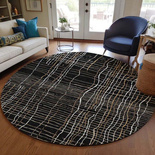Homeroots 3' Black Ivory And Brown Striped Washable Area Rug For Indoor And Outdoor Spaces, Durable & Stylish 8' Round Polyester 597375