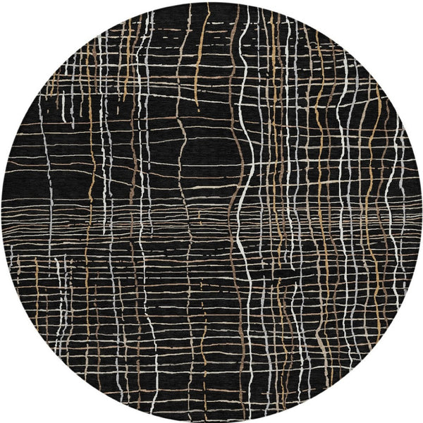 Homeroots 3' Black Ivory And Brown Striped Washable Area Rug For Indoor And Outdoor Spaces, Durable & Stylish 8' Round Polyester 597375