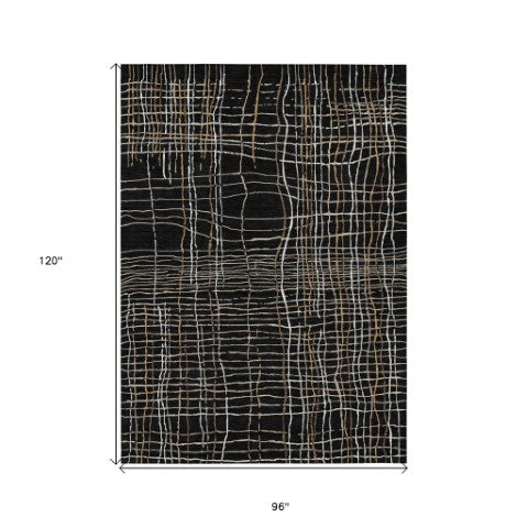 Homeroots 3' Black Ivory And Brown Striped Washable Area Rug For Indoor And Outdoor Spaces, Durable & Stylish 8' X 10' Polyester 597376