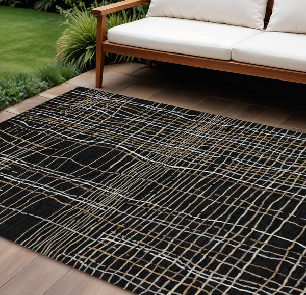 Homeroots 3' Black Ivory And Brown Striped Washable Area Rug For Indoor And Outdoor Spaces, Durable & Stylish 8' X 10' Polyester 597376