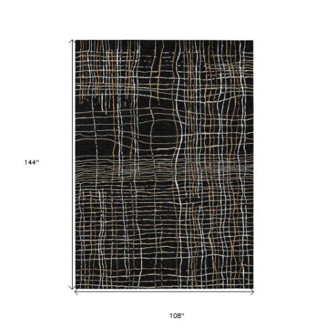 Homeroots 3' Black Ivory And Brown Striped Washable Area Rug For Indoor And Outdoor Spaces, Durable & Stylish 9' X 12' Polyester 597377