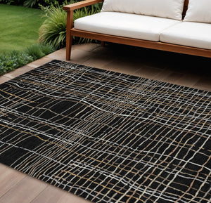Homeroots 3' Black Ivory And Brown Striped Washable Area Rug For Indoor And Outdoor Spaces, Durable & Stylish 9' X 12' Polyester 597377