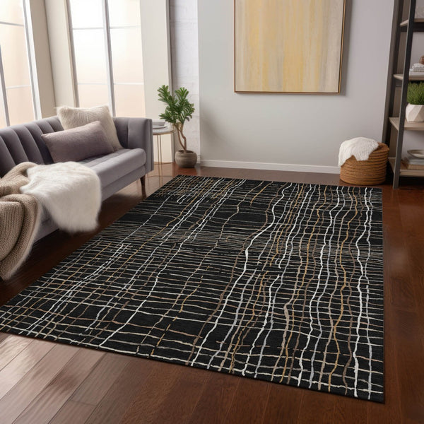 Homeroots 3' Black Ivory And Brown Striped Washable Area Rug For Indoor And Outdoor Spaces, Durable & Stylish 9' X 12' Polyester 597377